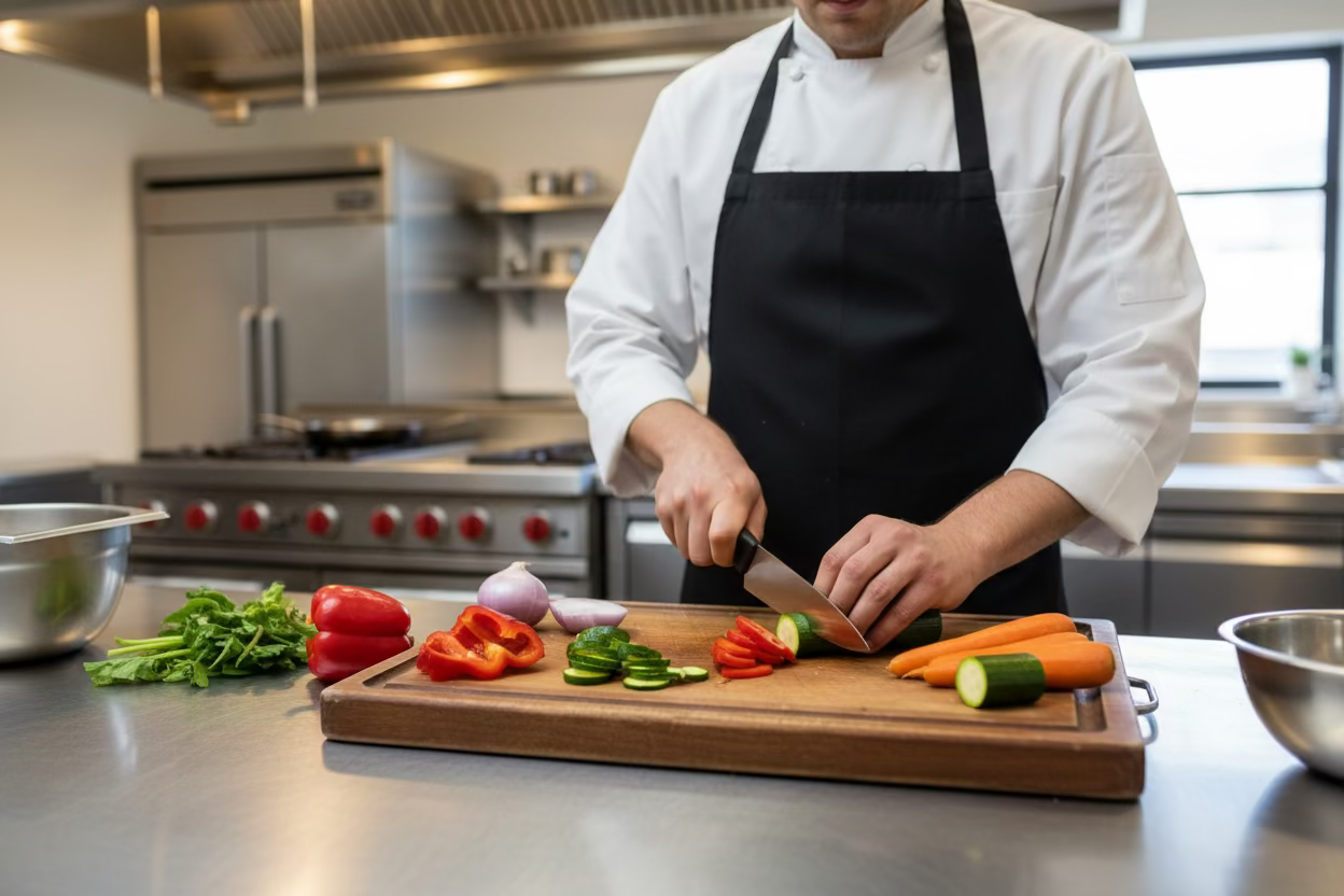 8-inch chefβs knife with black handle cutting vegetables on a wooden board