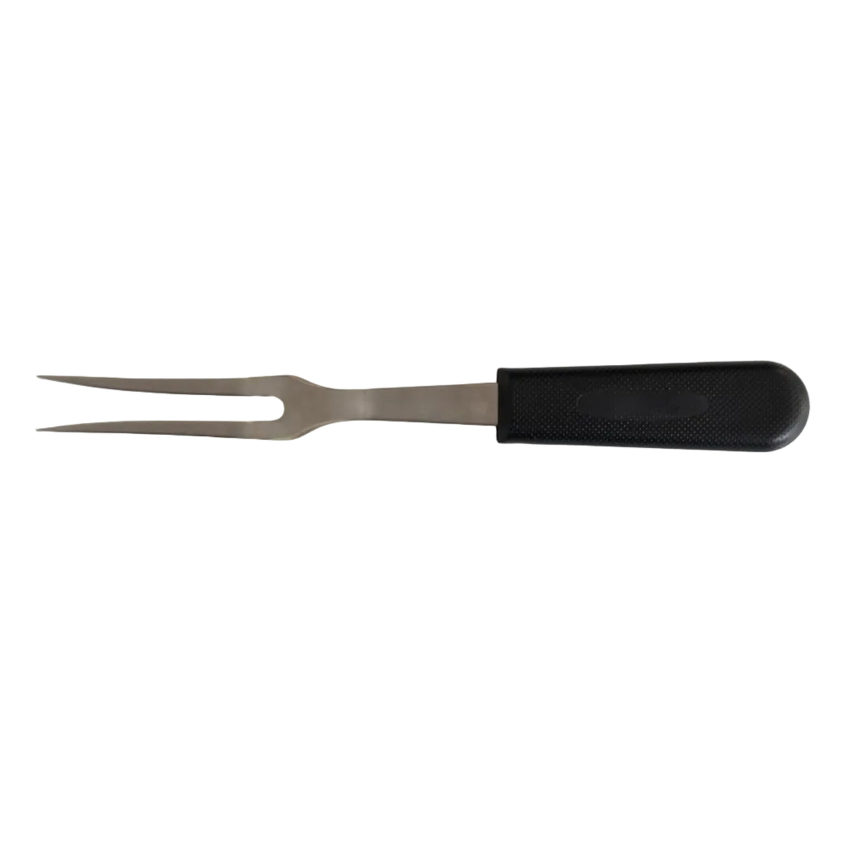 Kitchen fork with two tines and black textured handle, metal fork head