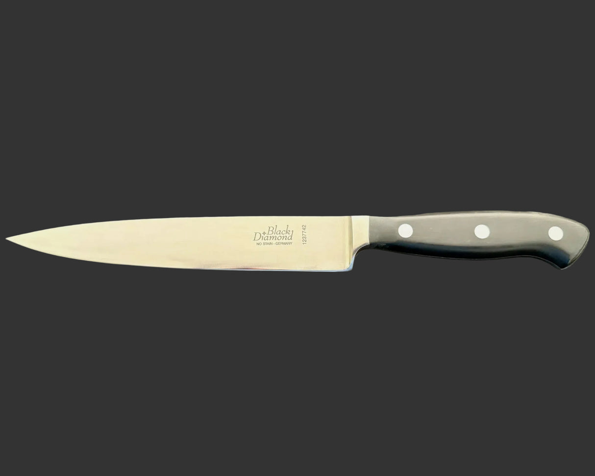 7-inch filleting knife with forged stainless blade and black handle with white rivets