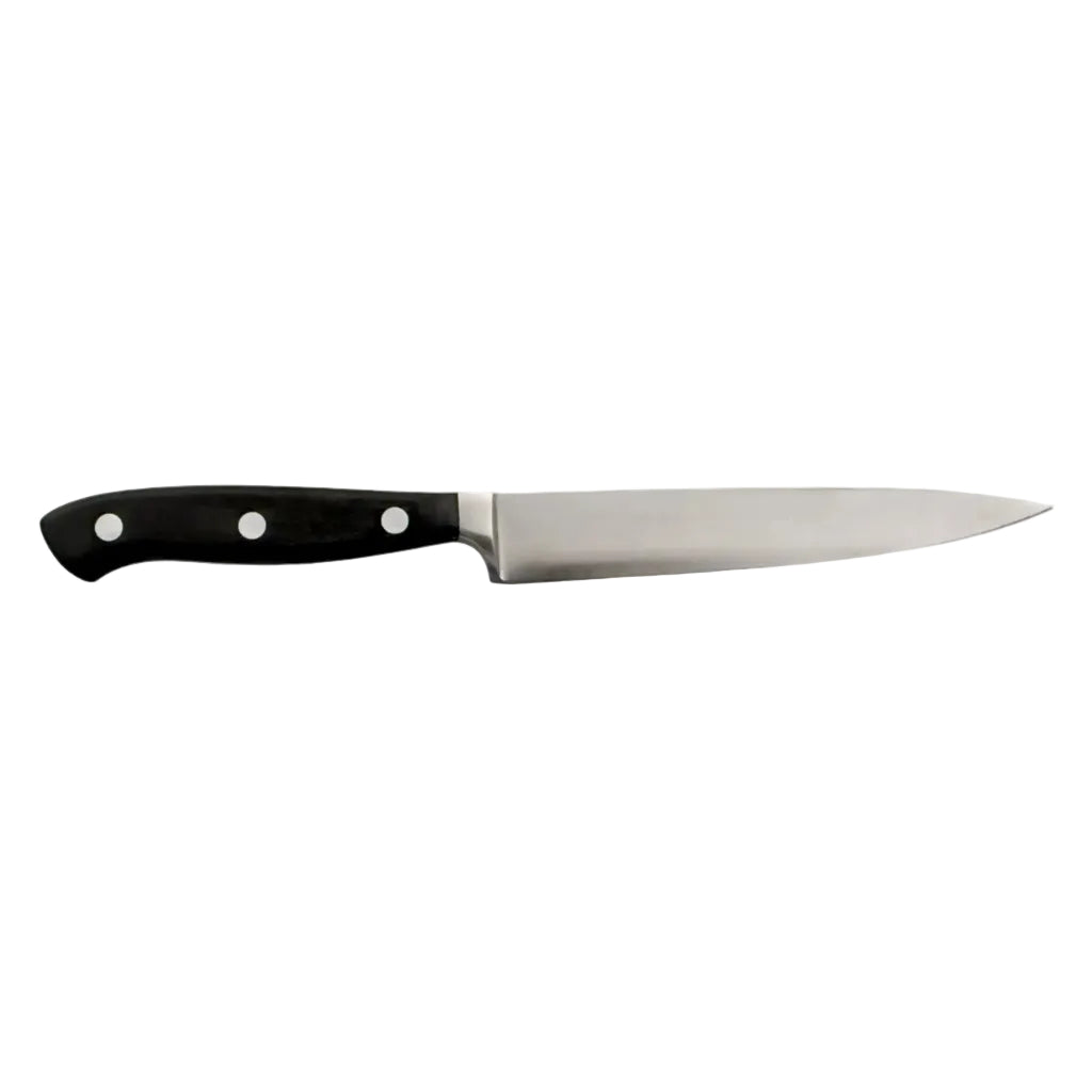 Kitchen slicing knife with stainless blade and black handle with three rivets
