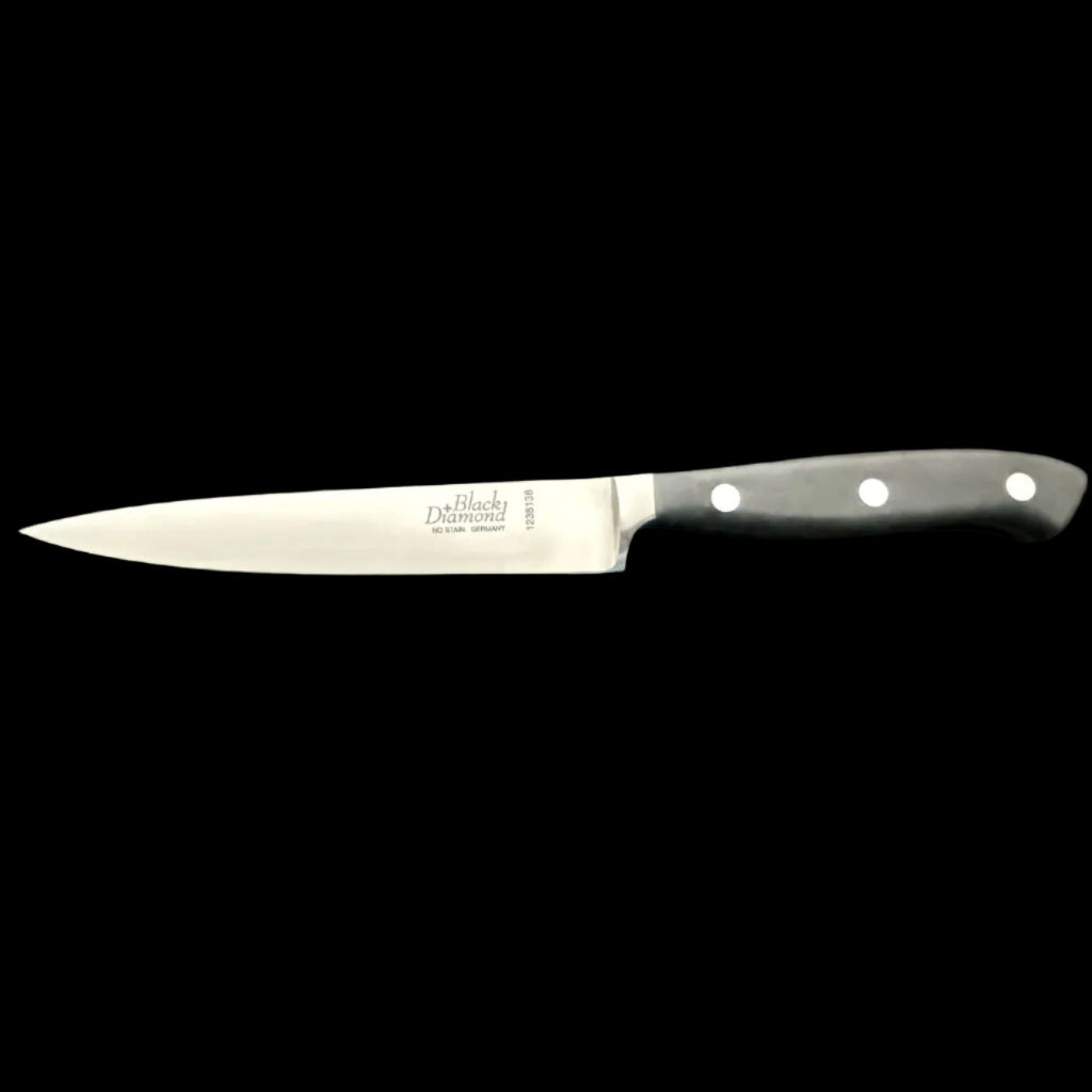 Kitchen slicer knife with stainless blade and black handle, three rivets