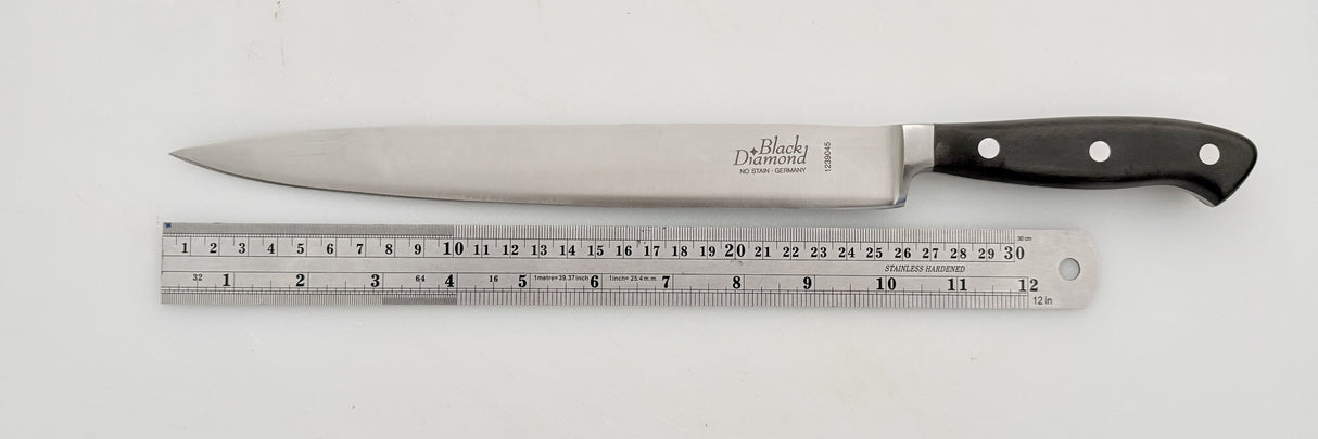 Kitchen slicer knife, stainless blade with black handle and white rivets