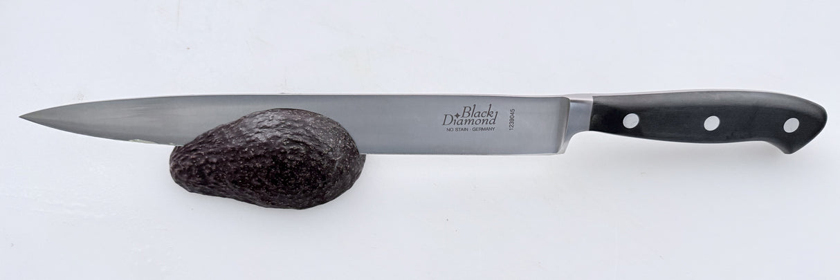 Kitchen slicer knife with stainless blade and black handle with white rivets