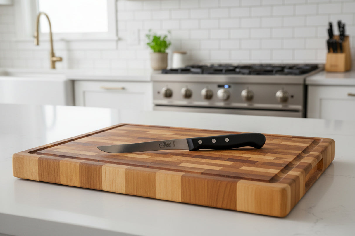 Knife set on a wooden cutting board with black handles and satin blades