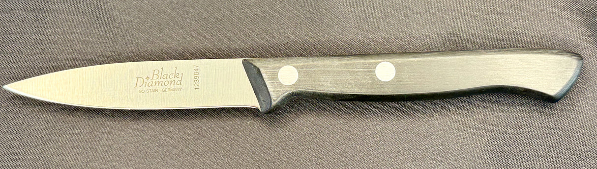 Forged paring knife with pale handle and logo-marked steel blade