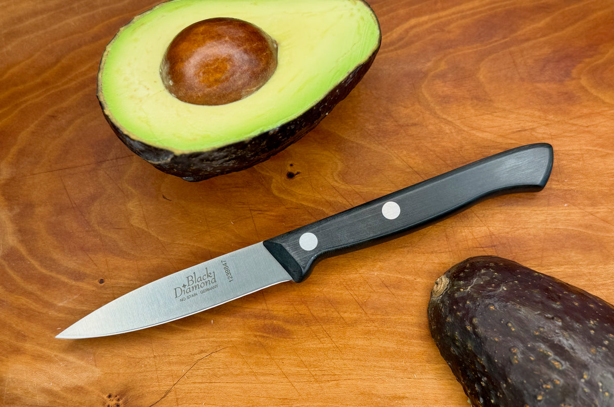 Paring knife with dark handle, two rivets, and pointed polished steel blade