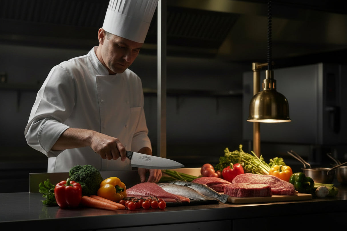Chef preparing food with black-handled knives and satin blades on a prep counter