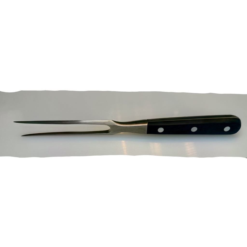 Forged meat fork with dark handle and three rivets, straight two-tine fork head
