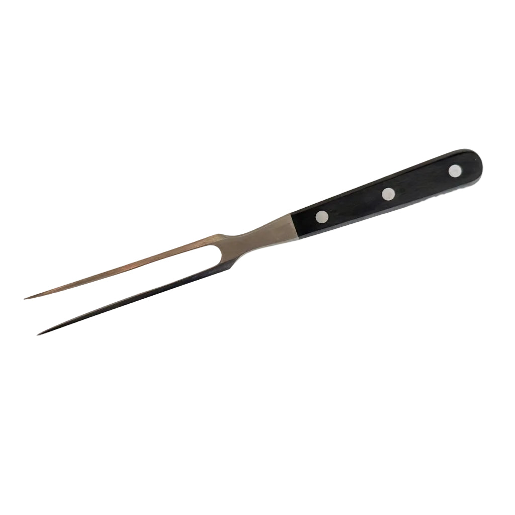 Forged meat fork with black handle, two-prong tip, three white rivets on handle