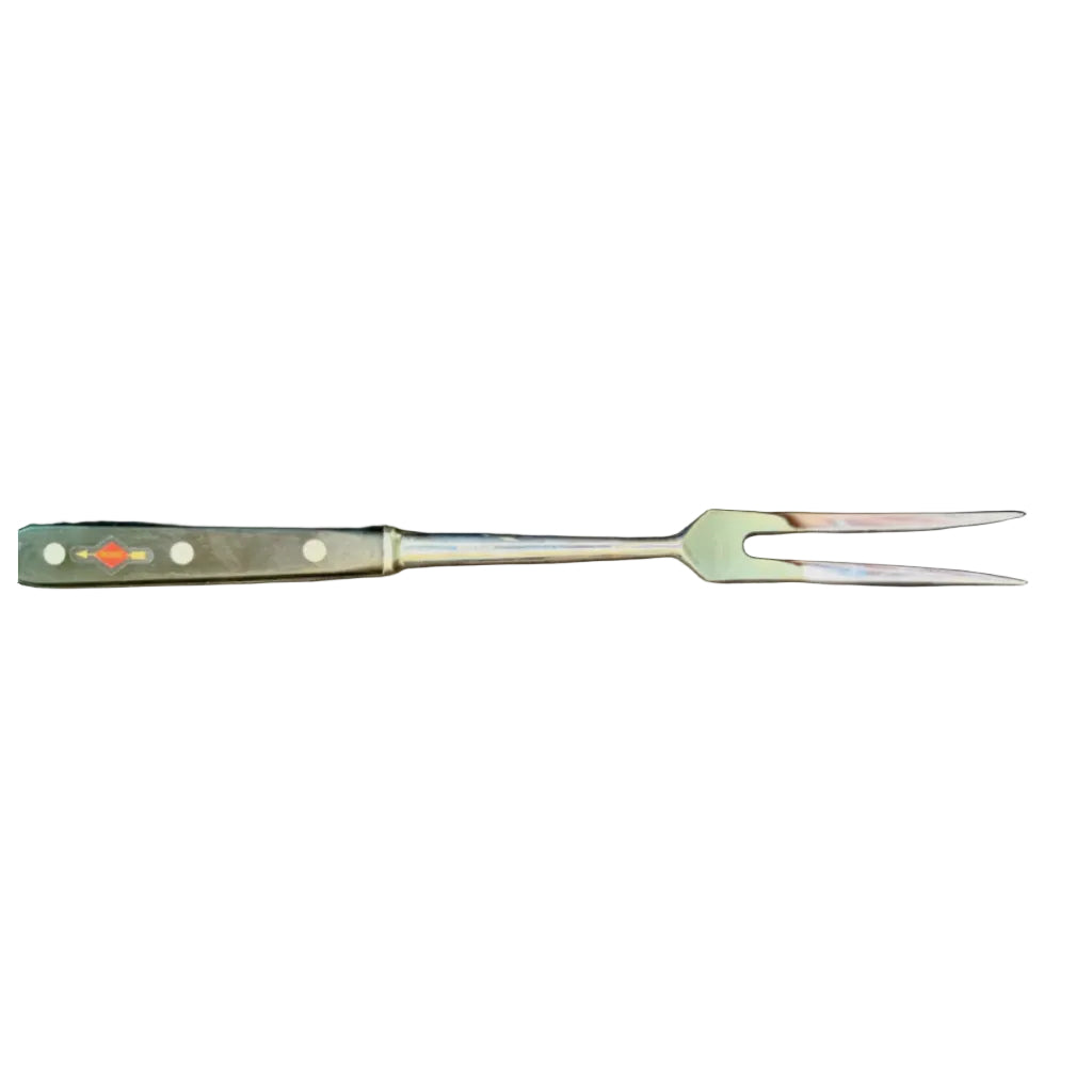 Forged carving fork with brass-colored handle and two-prong carving tines