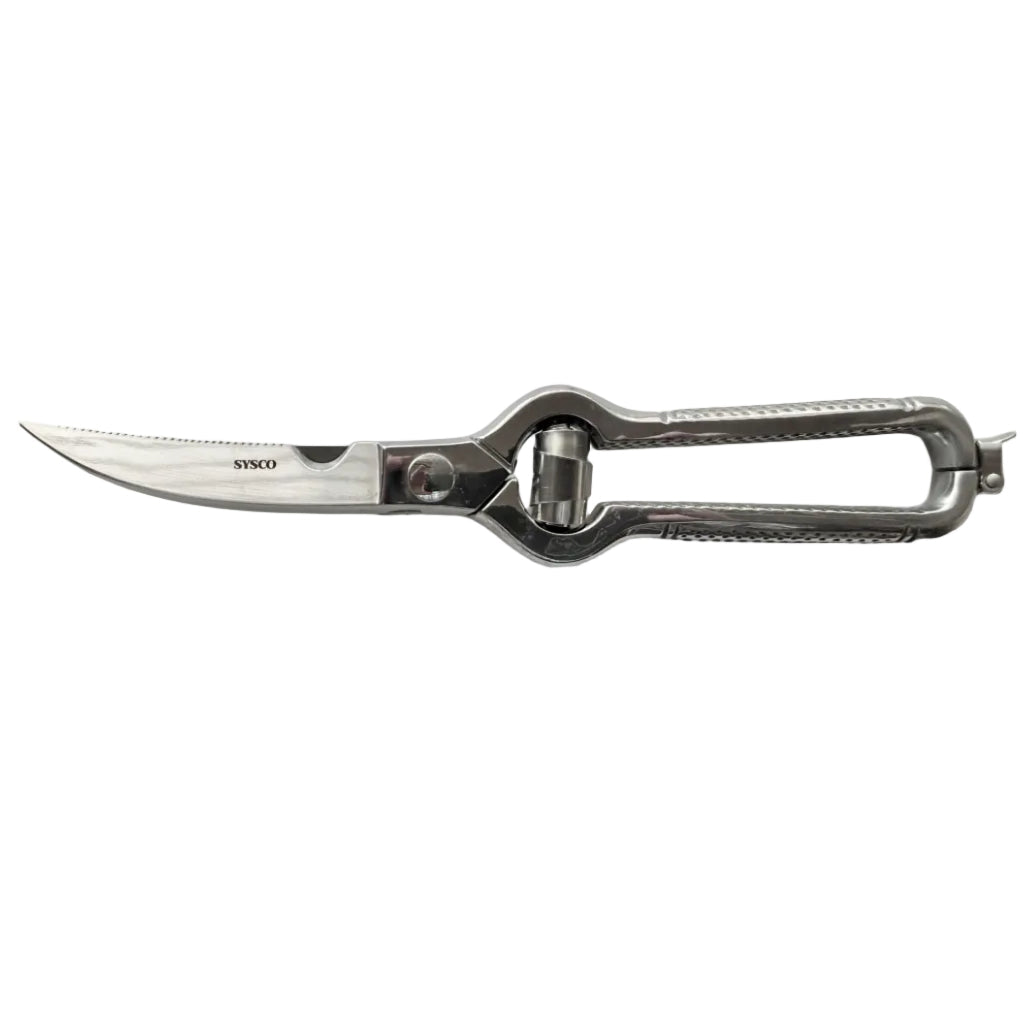 Poultry shears with pointed stainless blade, spring hinge, and loop grips