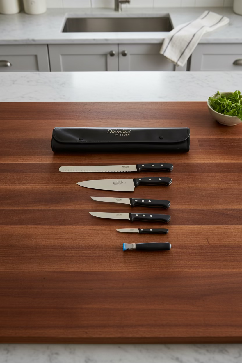 Six-piece knife set with black handles and satin blades laid out with a black case