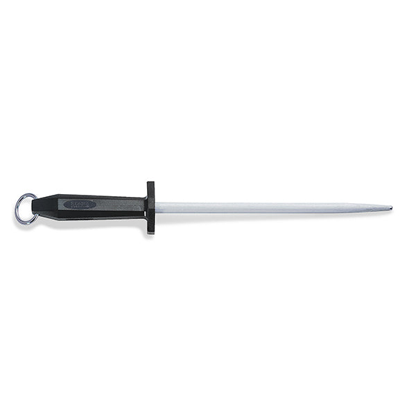 12-inch sharpening steel with black handle, round regular cut steel rod and hanging loop