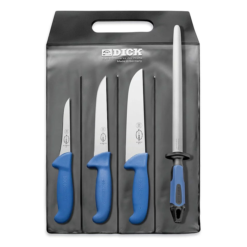 4-piece deboning knife set by F.Dick, blue ergonomic handles, in black case
