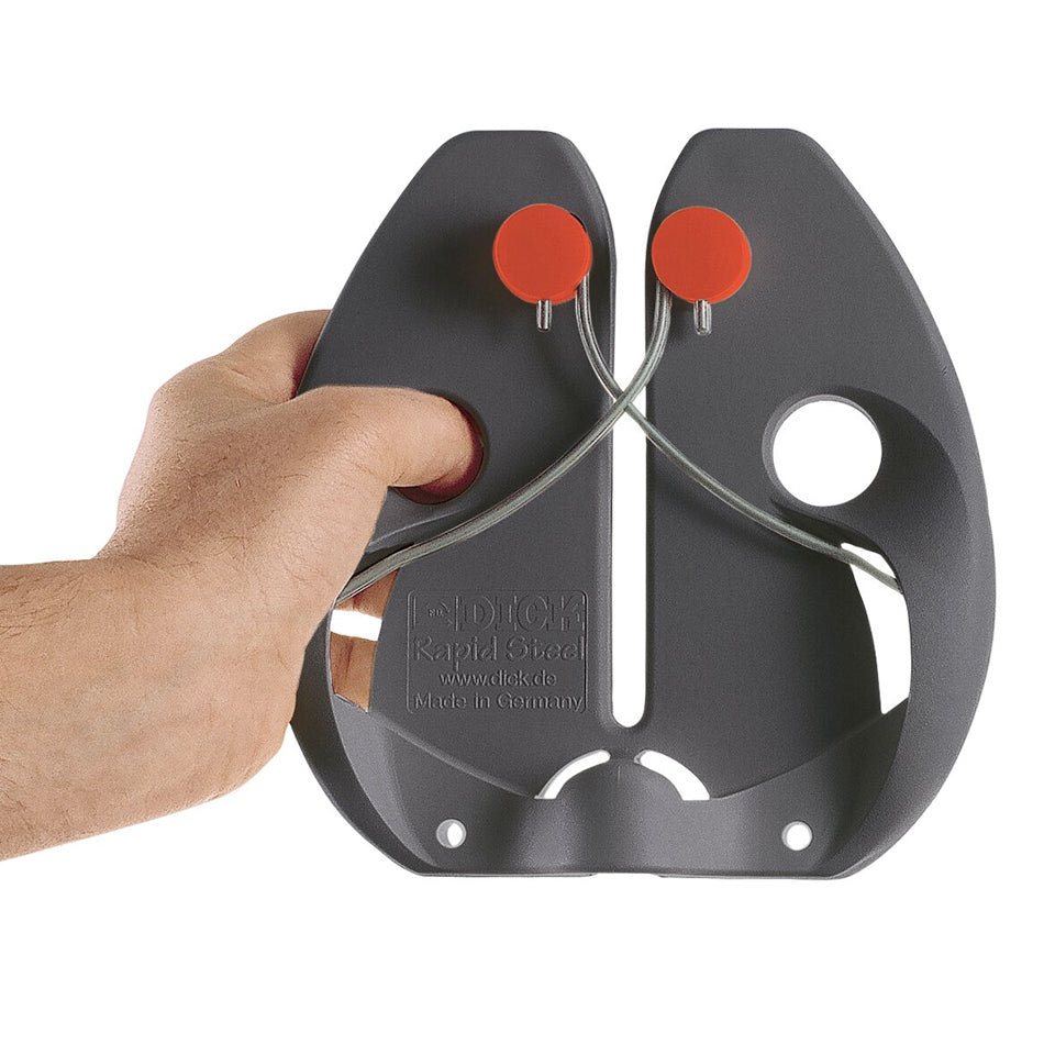 Black sharpening steel with red knobs and curved wire guide, hand adjusting knife
