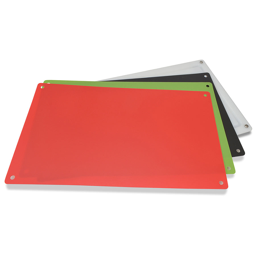 Red presentation board panel with corner grommets and metal fasteners
