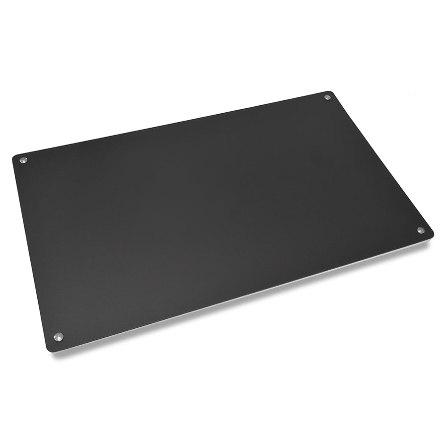 Black presentation board panel with corner grommets and metal fasteners