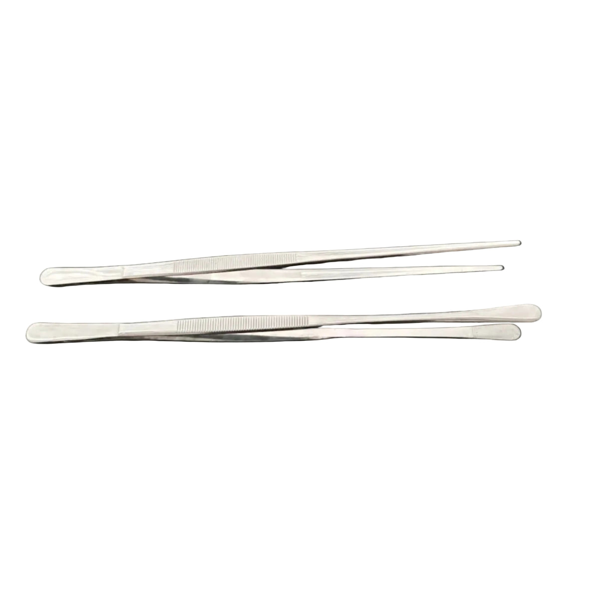 Pair of 12-inch cooking tweezers/tongs with slim metal arms and ribbed grips