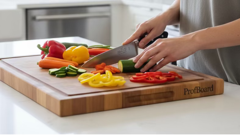 A Chef knife with a silver stainless steel blade and a black handle secured by three silver rivets, lying horizontally on a glossy reddish-brown wooden surface.