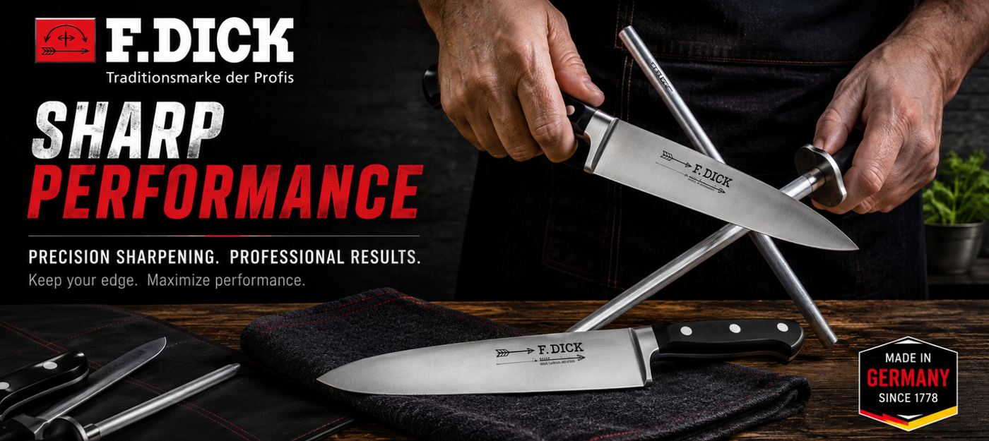 A person holds an F. Dick knife and sharpening steel over a dark cloth on a wooden table, with additional knives and promotional text for F.