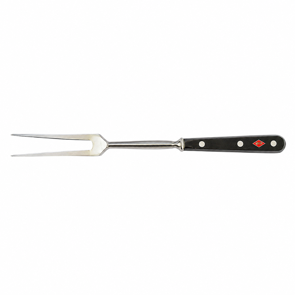 Forged carving fork with black handle, red logo emblem, and two-prong tines