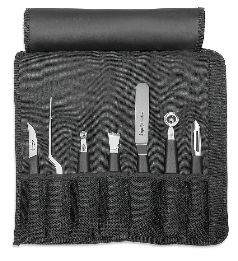 7-piece garnishing tool roll bag with stainless garnishing tools in fabric slots