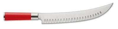 10-inch butcher knife with red handle and serrated blade edge, side view
