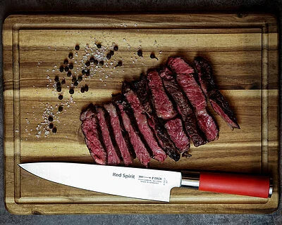 Red 8.5 in chef knife with red handle and white blade label