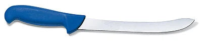 Fish filleting knife with blue ergonomic handle and curved stainless blade