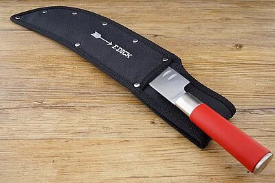 F.Dick knife sheath, black fabric with riveted snaps, holds a red-handled knife