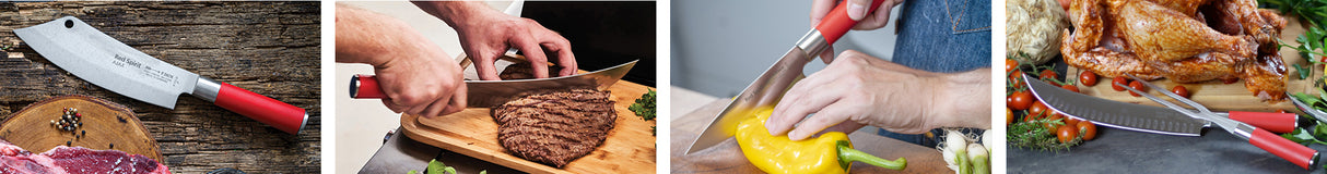 Chef knife with red handle shown cutting and preparing food