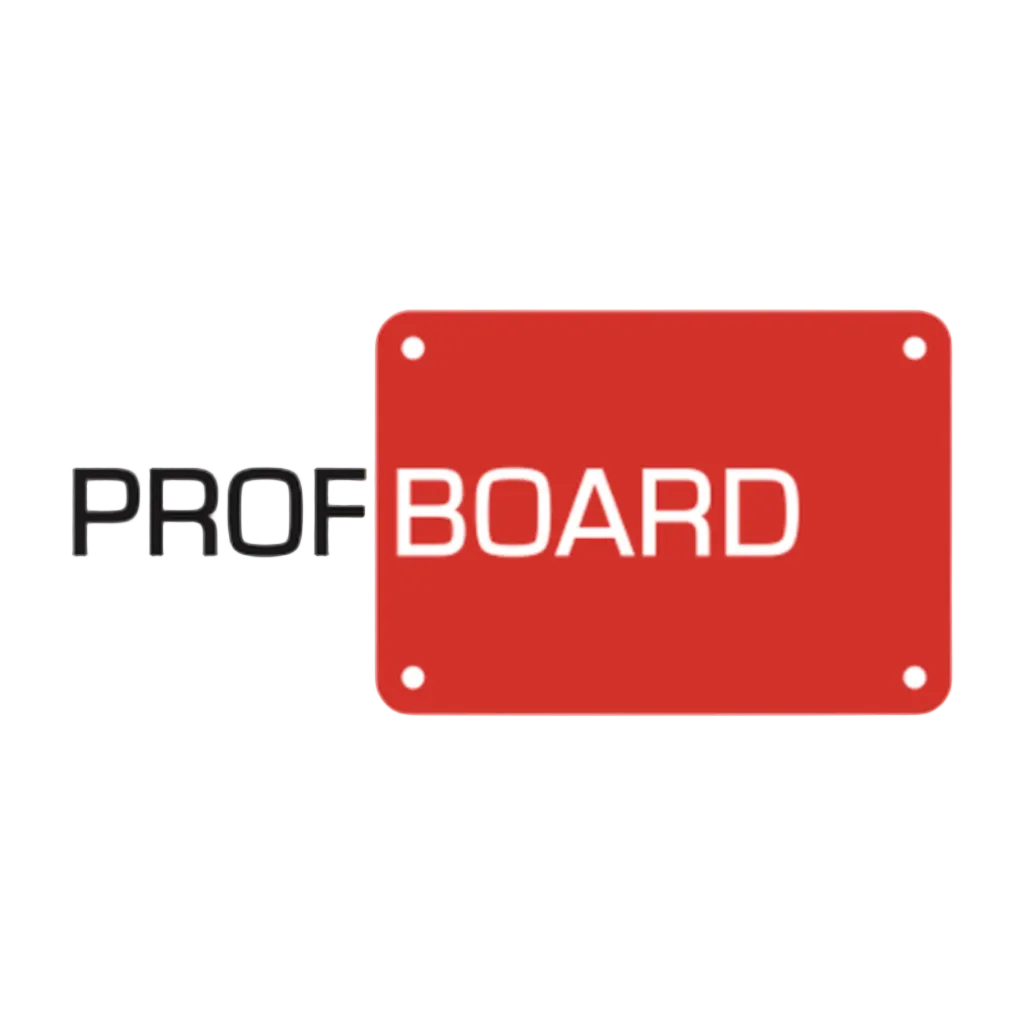 A red rectangular metal sign with rounded corners and four screw holes, featuring the text 'PROF BOARD' in white and black, shown on a plain white background.