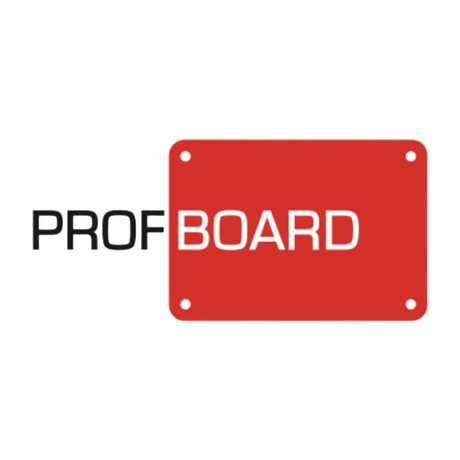 A red rectangular metal sign with rounded corners and four screw holes, featuring the text 'PROF BOARD' in white and black, shown on a plain white background.