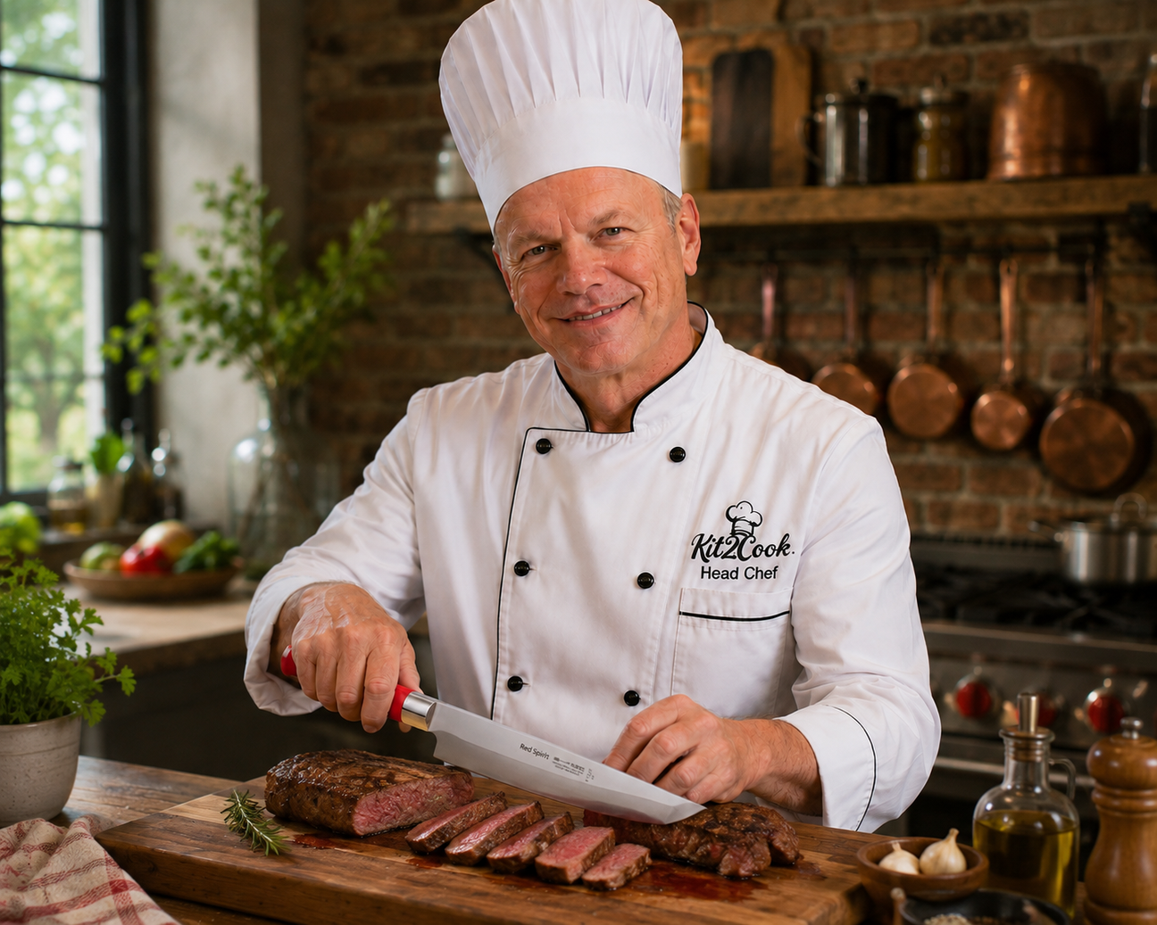 Sara Spindler Chef in a white chef's coat and hat holds a Kit2Cook knife in a kitchen setting, with Kit2Cook branding on the wall behind her and fresh vegetables on the counter.