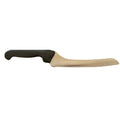 Off set bread Knife with a black handle and beige blade on a dark background