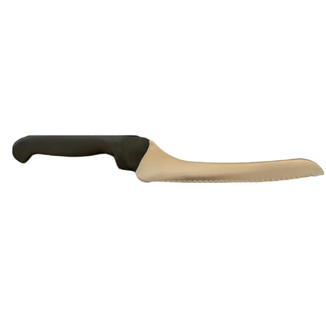 8-inch offset bread knife with dark handle and serrated steel blade