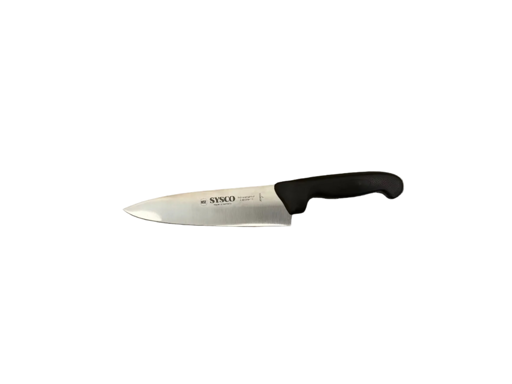 A kitchen knife with a black handle and a silver blade, featuring the brand name 'SIXO' printed on the blade, placed on a gray and white patterned fabric surface.