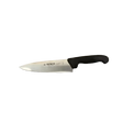 A kitchen knife with a black handle and a silver blade, featuring the brand name 'SIXO' printed on the blade, placed on a gray and white patterned fabric surface.