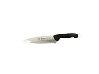 A kitchen knife with a black handle and a silver blade, featuring the brand name 'SIXO' printed on the blade, placed on a gray and white patterned fabric surface.