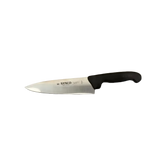 A kitchen knife with a black handle and a silver blade, featuring the brand name 'SIXO' printed on the blade, placed on a gray and white patterned fabric surface.