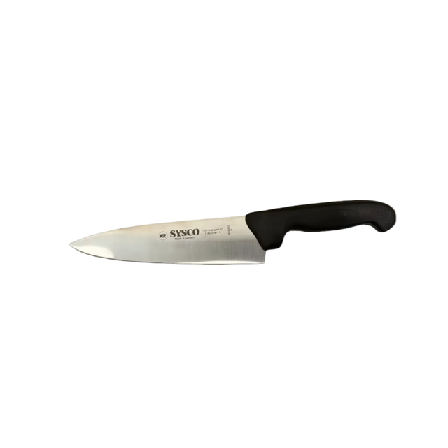 A kitchen knife with a black handle and a silver blade, featuring the brand name 'SIXO' printed on the blade, placed on a gray and white patterned fabric surface.