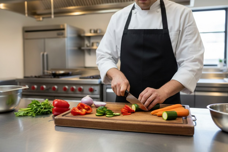8-inch chef’s knife with black handle cutting vegetables on a wooden board
