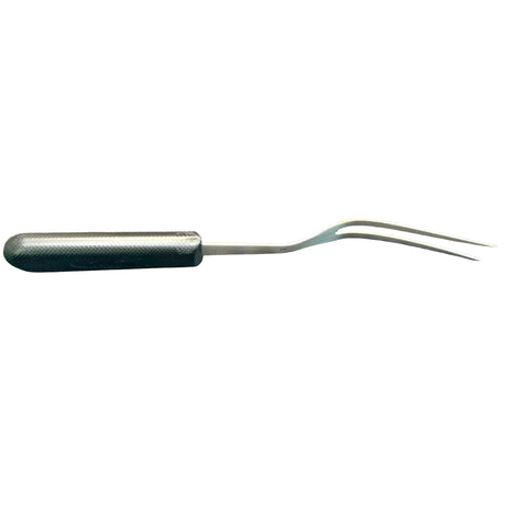 Kitchen fork with two tines and dark textured handle, metal fork head