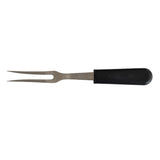 Kitchen fork with two tines and black textured handle, metal fork head