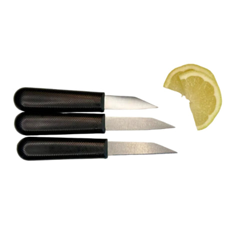 Three paring knives with black textured handles and stainless blades, with lemon slice