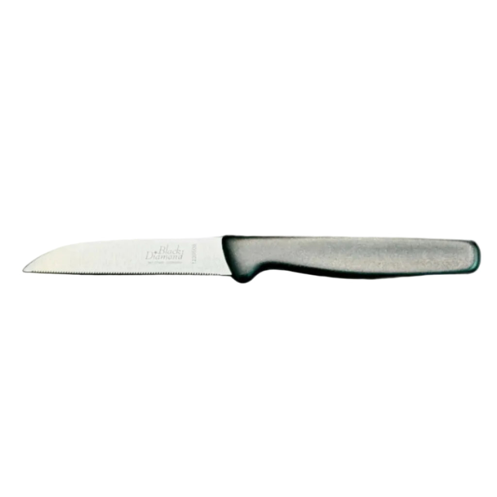 F.Dick 3-inch serrated paring knife with gray handle, side view of blade