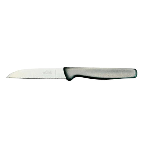 F.Dick 3-inch serrated paring knife with gray handle, side view of blade