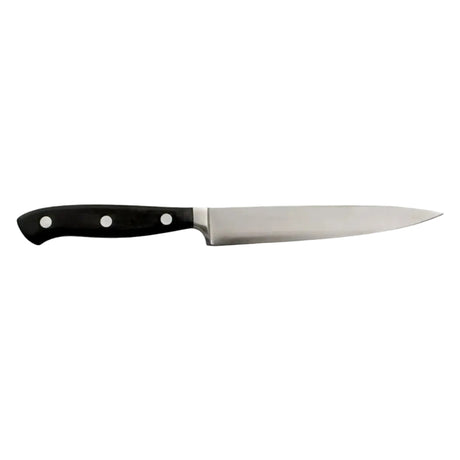 Kitchen slicing knife with stainless blade and black handle with three rivets