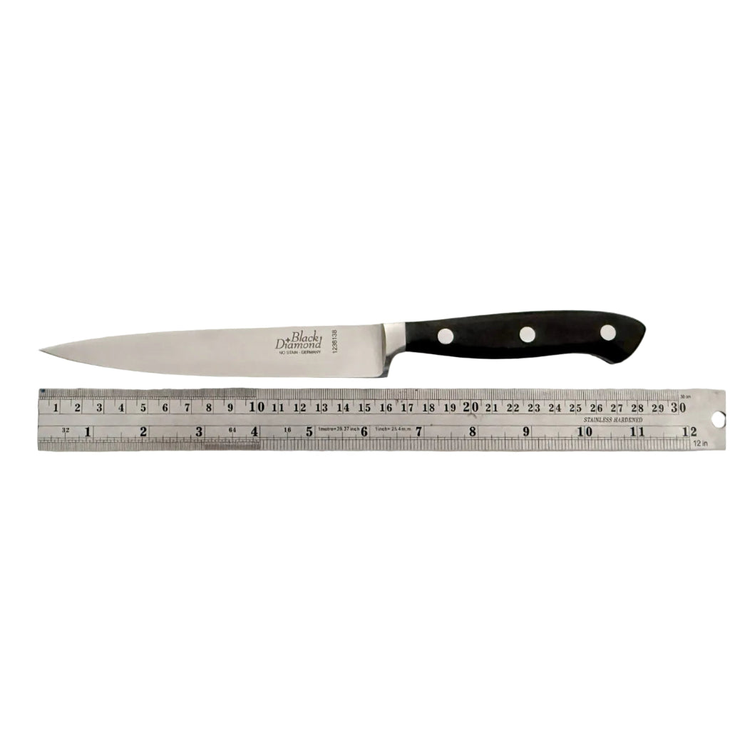 Slicer knife with stainless blade and black handle, measured against a ruler