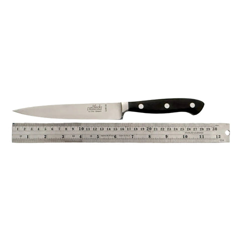 Slicer knife with stainless blade and black handle, measured against a ruler